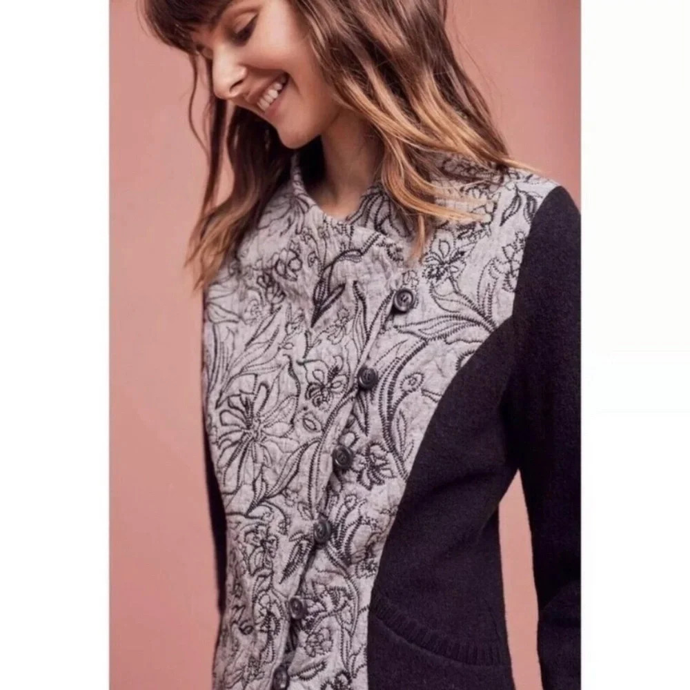 Anthropologie Burke Embroidered Bomber Jacket Asymmetrical Sweater XS Eclectic